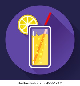 glass of juice with lemon icon flat 2.0 design style long shadow.