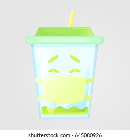 A glass of juice with a lid and a straw. Summer drink. Emotional icon, patient, in a medical mask. Green juice in cartoon style. Vector illustration, isolated on gray background.
