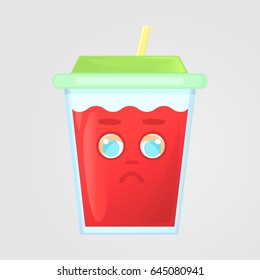 A glass of juice with a lid and a straw. Summer drink. Emotional icon, sad, upset. Red juice in a cartoon style. Vector illustration, isolated on gray background.
