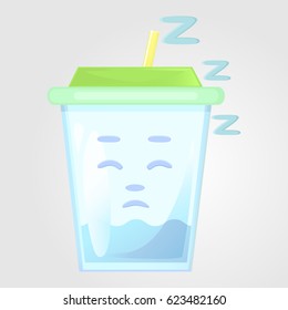 A glass of juice with a lid and a tube. Summer drink. Emotional icon, asleep, tired, sleepy. Water in the cartoon style. Vector illustration isolated on a gray background.
