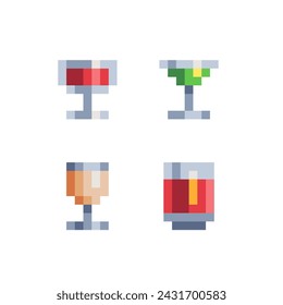 Glass juice, mug of beer, cocktail, beverages pixel art icons set isolated vector illustration. Element design stickers, logo, website, mobile app, menu. 8-bit sprite.