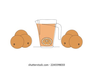 Glass with juice and orange continuous one line art