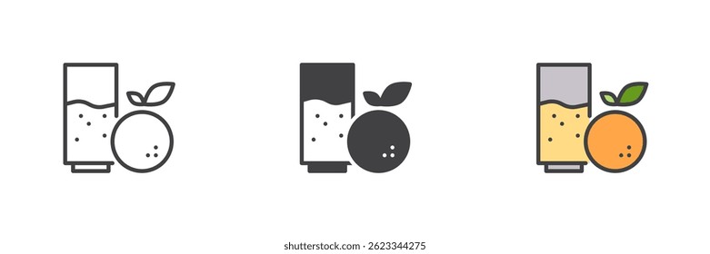 Glass of juice and orange icon in line, filled outline, and solid style. Healthy beverage vector icon and fruit symbol