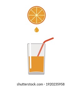 Vidrio con zumo y trozo de naranja aislado de fondo blanco. Caricatura de estilo plano. Ilustración del vector