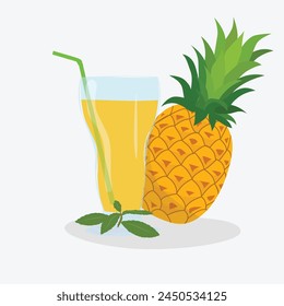 Glass of juice. Pineapple juice. Glass of cocktail, fruit juice clip art.  Cartoon flat vector isolated on white background.