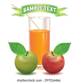 glass for juice from the ripe red and green apple on a white background