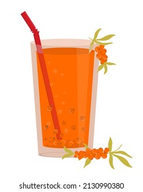 A glass of juice from sea buckthorn berries. Summer drink. Vector illustration in a flat style on a white background.