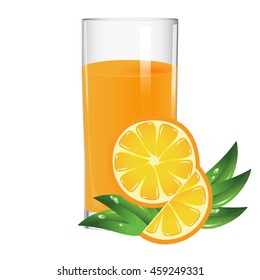 The glass of juice and a slice of orange on a white background isolated

