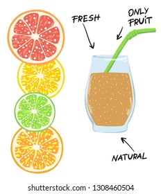 Glass of juice with slices of citrus. Vector illustration isolated.