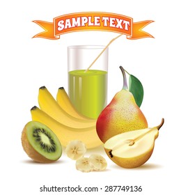 glass with juice and straw, bananas and slice of banana, pear with leaf and half of pear and kiwi on a white background with a ribbon for inscription at the top
