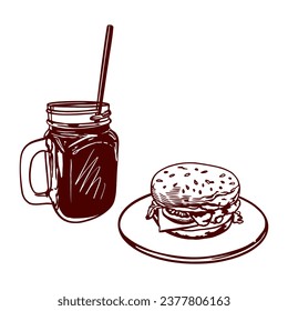 A glass of juice with a straw and a hamburger. Vector illustration of food in graphic style. Menus of restaurants, cafes, food labels, covers.