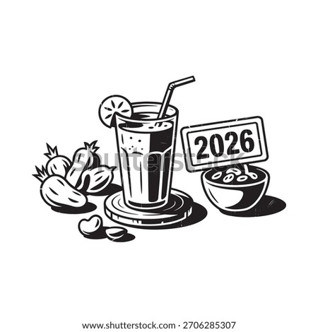 A glass of juice with a straw and lemon slice sits beside peanuts and a bowl with the year 2026 displayed.