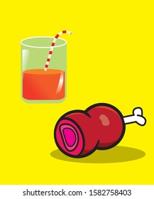 
glass of juice with straw and meat