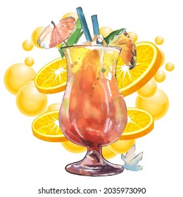 Glass of juice. Summer food concept. Vector illustration in a watercolor style. Element for design of invitations, movie posters 