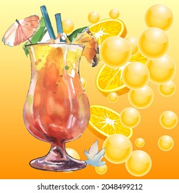 Glass of juice. Summer food concept. Vector illustration in a watercolor style. Element for design of invitations, movie posters. Vector illustration in a watercolor style. 