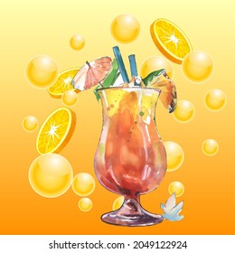 Glass of juice. Summer food concept. Vector illustration in a watercolor style. Element for design of invitations, movie posters. Vector illustration in a watercolor style. 