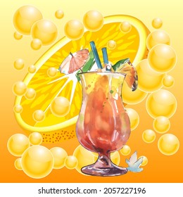 Glass of juice. Summer food concept. Vector illustration in a watercolor style. Element for design of invitations, movie posters. Vector illustration in a watercolor style. 