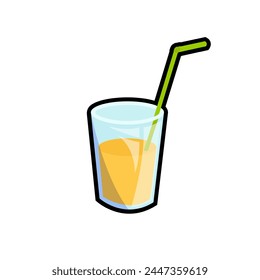 A glass of juicy juice with a straw, sun shade and drops on the walls, in vector illustration