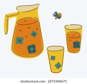 Glass kitchenware. Yellow pitcher and simple glasses. Lemonade, summer heat. Bee and flowers.