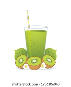 Glass of kiwi juice ,kiwi and blossom isolated on white background.