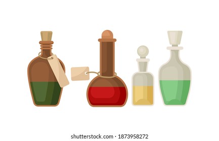 Glass Labeled Bottles With Cork As Ancient Medical Tools And Laboratory Equipment Vector Set