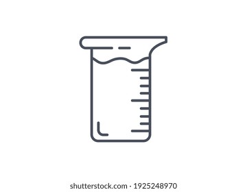 Glass laboratory beaker for measuring the volume of liquids or chemical solutions, line drawn black and white vector icon isolated on white background