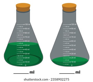 Glass laboratory chemical measuring flasks. with colorful liquids in realistic vector illustration set. Lab glassware and containers with chemicals. Scientific or medical equipment. Erlenmeyer flask.
