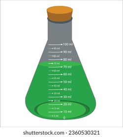 Glass laboratory chemical measuring flasks. with colorful liquids in realistic vector illustration set. Lab glassware and containers with chemicals. Scientific or medical equipment. Erlenmeyer flask.