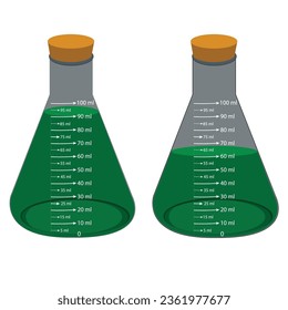 Glass laboratory chemical measuring flasks. with colorful liquids in realistic vector illustration. Lab glassware with chemicals. Scientific or medical equipment. Erlenmeyer flask.