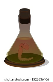 glass laboratory container for storing experimental samples with a worm inside. Vector illustration. Isolate on a white background.