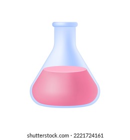 Glass laboratory flask of cone shape with red liquid 3D icon. Lab equipment for chemical experiment and study 3D vector illustration on white background. Glassware, chemistry research, science concept