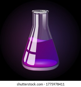 Glass Laboratory Flask Fulled With Glowing Purple And Blue Liquid, White Window Reflection On The Side