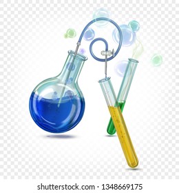 Glass laboratory flask round bottom and glass test tubes with colored iridescent liquid. Vector composition isolated on a transparent background.