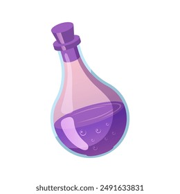 Matraz de laboratorio de vidrio con líquido violeta. Elemento de diseño de regreso a la escuela, médico y educativo aislado sobre fondo blanco.