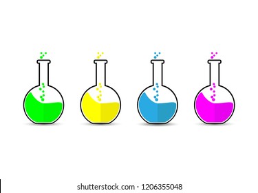 In a glass laboratory flasks poured liquid of different colors
