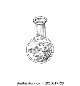 Glass laboratory round flask with liquid, sketch style vector illustration isolated on white background. Chemical equipment for experiments, tests and analyzes