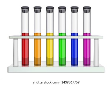 Glass laboratory test tubes with cork and multi-colored liquids. Test tubes in a laboratory rack. Special dishes for medicine, pharmaceptics, chemistry, biology, microbiology. Isolated object. Vector