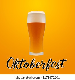 Glass or lager beer and lettering Oktoberfest orange background. Traditional German beer festival vector illustration. Calligraphy font writing. Easy to edit template for your design projects. 