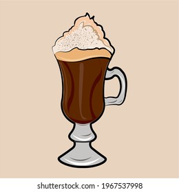 Glass of latte or cappuccino. Cute mug with milk, coffee, foam isolated on white background.Vector illustration