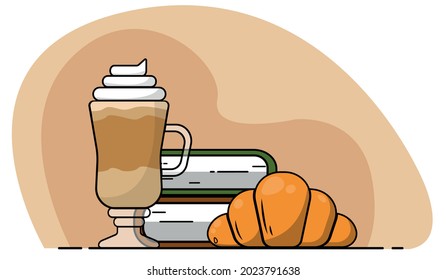Glass of Latte with Croissant. Books. Warm Autumn Atmosphere. Isolated vector image.