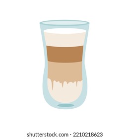 Glass of latte with foam. Layered coffee drink. Hand drawn colored vector illustration isolated on white background. Flat cartoon style.