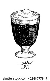Glass with latte macchiato, cappuccino. Vintage engraving vector illustration. Black and white hand drawn image.