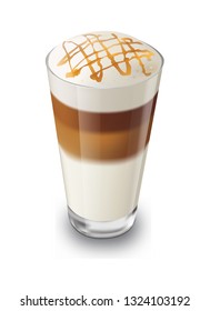 Glass with latte macchiato with caramel on top, 3d vector illustration 