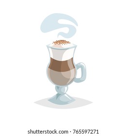 Glass with latte macchiato layered coffee. Cartoon trendy style. Special mug with handle. Beautiful steam. Vector illustration.