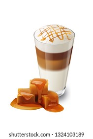 Glass with latte macchiato. Pieces of melting caramel. 3d realistic vector icon. 