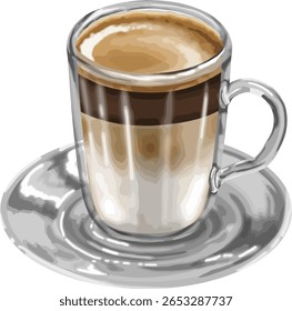 Um copo de macchiato com leite servido em um pires, lindamente revestido com espresso, leite e espuma 