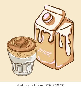 Glass of latte and milk pack vector illustration. Cartoon style. Coffee set. Milk carton. Foam caramel hot latte coffee glass. Cream. Caramel colors. Chocolate chunks. Tasty morning beverage.