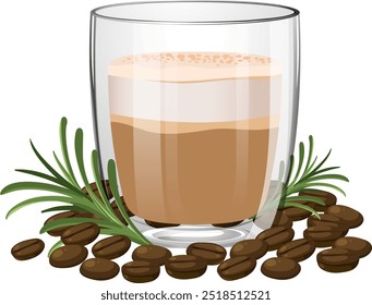 Glass of latte surrounded by coffee beans
