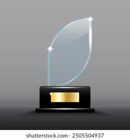 Trofeo de hoja de cristal. Elegante forma de cristal. Base negra con placa de oro. Premio de Vector brillante.