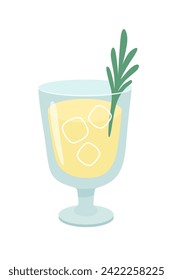 Glass of lemon alcohol cocktail with ice and mint vector illustration. Cartoon summer yellow drink isolated on white background. Juice, lemonade. Celebration with toasts and cheering. Party time.